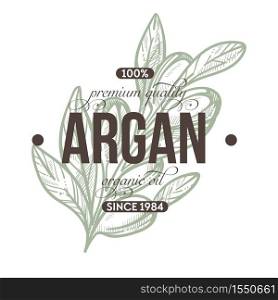 Herbs shop argan plant isolated icon with lettering vector organic oil and natural product cosmetics and cooking ingredient nut and leaves on stem emblem or logo essence and moisture nutrition.. Argan plant isolated icon with lettering herbs shop