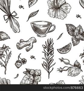 Herbs sketch pattern background. Vector seamless design of herbal tea with aroma condiments of ginger, rose flower fruit or lemongrass and chamomile, jasmine or mint and hibiscus or strawberry berry. Herbs sketch vector seamless pattern background