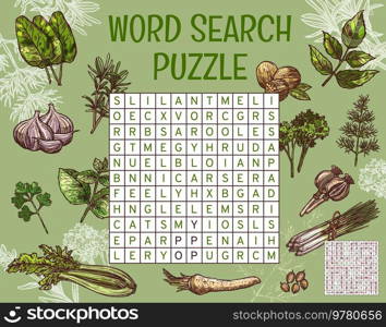 Herbs, spices and seasonings. Word search puzzle game worksheet. Quiz grid, text puzzle or sketch vector words finding riddle with sorrel, cilantro and savory, horseradish, melisa, coriander, garlic. Herbs, spices and seasonings word search puzzle