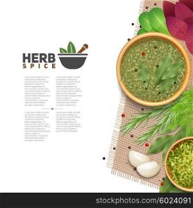 Herbs Spices Food Seasoning Information POster. Benefits of herbs and spices in cooking informative poster with text mortar and pestle symbol flat vector illustration