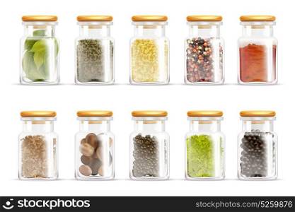 Herbs Spices Jars Icon Set. Isolated and colored herbs spices jars icon set in realistic style with different spices inside vector illustration