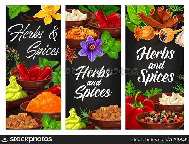 Herbs, spices seasonings and condiments banners, vector food cooking flavorings. Farm grown garlic, cinnamon and rosemary, culinary vanilla and anise, dill and ginger, celery, oregano and onion. Herbs, spices seasonings and condiments banners