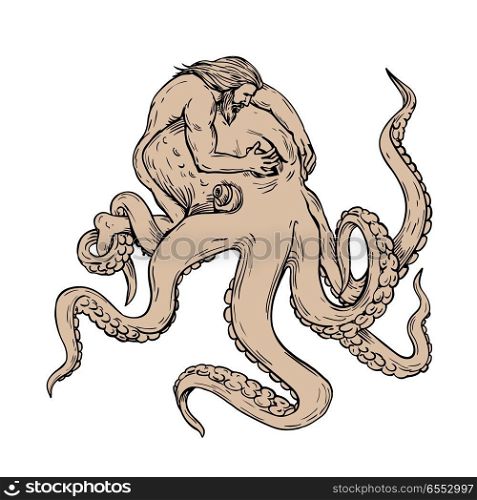 Hercules Fighting Giant Octopus Drawing. Drawing sketch style illustration of Hercules or Heracles, a Greek or Roman hero and god, fighting a giant octopus, an eight-armed mollusc, by covering it’s eyes to calm it on isolated background.. Hercules Fighting Giant Octopus Drawing