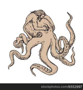 Hercules Fighting Giant Octopus Drawing. Drawing sketch style illustration of Hercules or Heracles, a Greek or Roman hero and god, fighting a giant octopus, an eight-armed mollusc, by covering it’s eyes to calm it on isolated background.. Hercules Fighting Giant Octopus Drawing