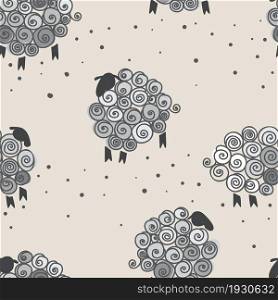 Herd of cute cartoon sheep on a white background. Seamless pattern. Animal background.