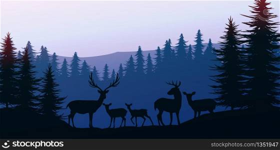 Herd of deer in the natural forest. Wild animals. Mountains horizon hills silhouettes of trees. Evening Sunrise and sunset. Landscape wallpaper. Illustration vector style. Colorful view background.