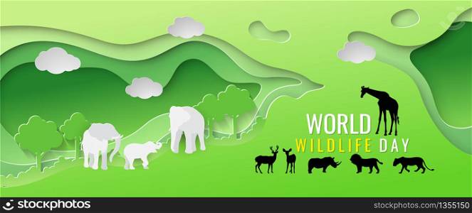 Herd of wildlife and the abundance of green forests, the concept of World Wildlife Day, vector illustration and paper art with digital craft style.