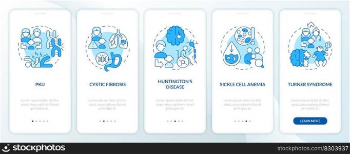 Hereditary diseases blue onboarding mobile app screen. Walkthrough 5 steps editable graphic instructions with linear concepts. UI, UX, GUI template. Myriad Pro-Bold, Regular fonts used. Hereditary diseases blue onboarding mobile app screen