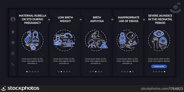 Hereditary hearing disorder onboarding vector template. Responsive mobile website with icons. Web page walkthrough 5 step screens. Birthweight, jaundice night mode concept with linear illustrations. Hereditary hearing disorder onboarding vector template