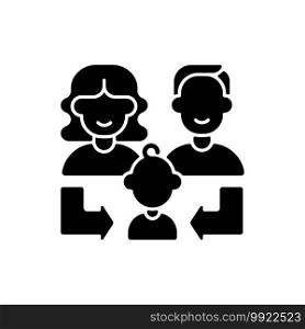 Heredity black glyph icon. Human life reproduction. Family generation. Couple of parent with daughter, son. Relative relation. Silhouette symbol on white space. Vector isolated illustration. Heredity black glyph icon