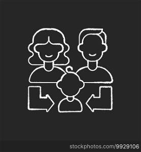 Heredity chalk white icon on black background. Human life reproduction. Family generation. Couple of parent with daughter, son. Relative relation. Isolated vector chalkboard illustration. Heredity chalk white icon on black background