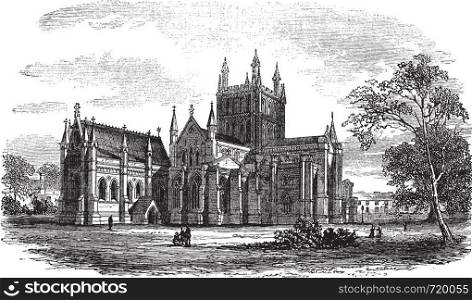 Hereford Cathedral,England vintage engraving. Old engraved illustration of historic hereford cathedral,England, 1800s.