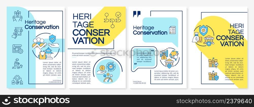 Heritage conservation blue and yellow brochure template. Landmark restoration. Leaflet design with linear icons. 4 vector layouts for presentation, annual reports. Questrial, Lato-Regular fonts used. Heritage conservation blue and yellow brochure template