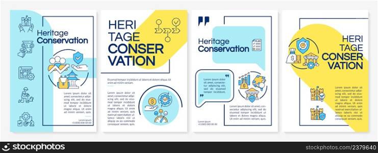 Heritage conservation blue and yellow brochure template. Landmark restoration. Leaflet design with linear icons. 4 vector layouts for presentation, annual reports. Questrial, Lato-Regular fonts used. Heritage conservation blue and yellow brochure template