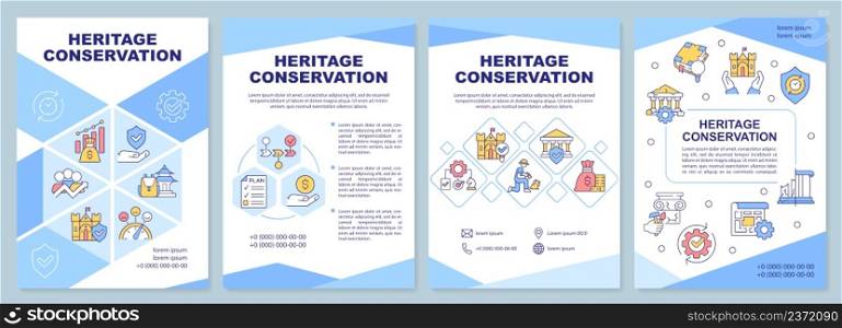 Heritage conservation blue brochure template. Landmark restoration. Leaflet design with linear icons. 4 vector layouts for presentation, annual reports. Arial-Black, Myriad Pro-Regular fonts used. Heritage conservation blue brochure template