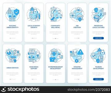 Heritage conservation blue onboarding mobile app screen set. Culture walkthrough 5 steps graphic instructions pages with linear concepts. UI, UX, GUI template. Myriad Pro-Bold, Regular fonts used. Heritage conservation blue onboarding mobile app screen set