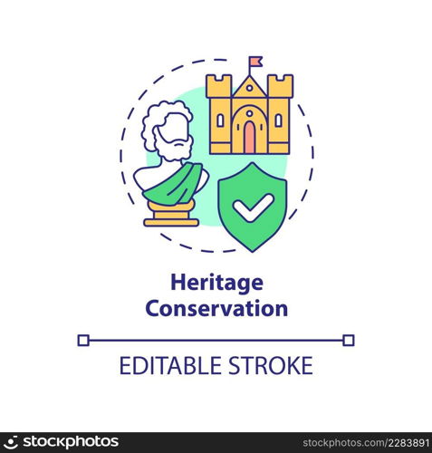 Heritage conservation concept icon. Save historic landmarks. Urban design principles abstract idea thin line illustration. Isolated outline drawing. Editable stroke. Arial, Myriad Pro-Bold fonts used. Heritage conservation concept icon
