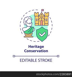 Heritage conservation concept icon. Save historic landmarks. Urban design principles abstract idea thin line illustration. Isolated outline drawing. Editable stroke. Arial, Myriad Pro-Bold fonts used. Heritage conservation concept icon