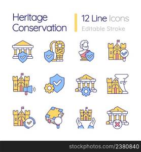 Heritage conservation RGB color icons set. Historical objects protection program. Isolated vector illustrations. Simple filled line drawings collection. Editable stroke. Quicksand-Light font used. Heritage conservation RGB color icons set
