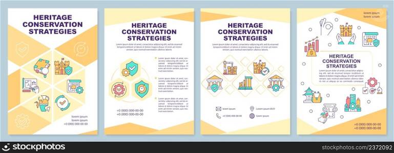 Heritage conservation strategies yellow brochure template. Leaflet design with linear icons. 4 vector layouts for presentation, annual reports. Arial-Black, Myriad Pro-Regular fonts used. Heritage conservation strategies yellow brochure template