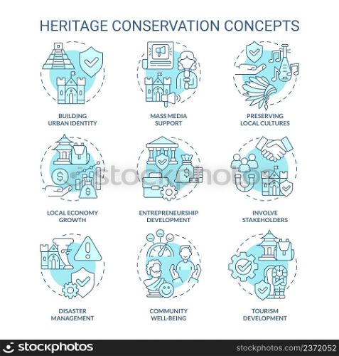Heritage conservation turquoise concept icons set. Saving cultural artifacts strategy idea thin line color illustrations. Isolated symbols. Editable stroke. Roboto-Medium, Myriad Pro-Bold fonts used. Heritage conservation turquoise concept icons set