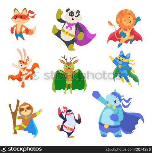 Hero animals. Zoo strong defenders city superheroes in mask cats dogs elephants exact vector flat characters collection set. Illustration character animal fox and deer, panda and lion hero. Hero animals. Zoo strong defenders city superheroes in mask cats dogs elephants exact vector flat characters collection set
