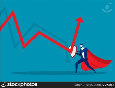 Hero businessman fighting with graph down to grow arrow vector