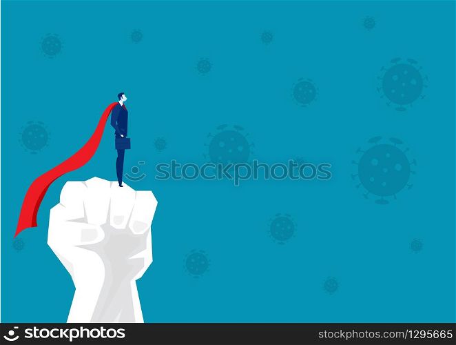 hero businessman standing alone on big hand for crisis fight virus corona concept vector illustrator.