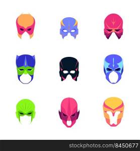 Hero mask. Faces of powerful heroes super costumes head colored helmets comic avengers garish vector flat mask. Illustration of hero character mask, super power. Hero mask. Faces of powerful heroes super costumes head colored helmets comic avengers garish vector flat mask