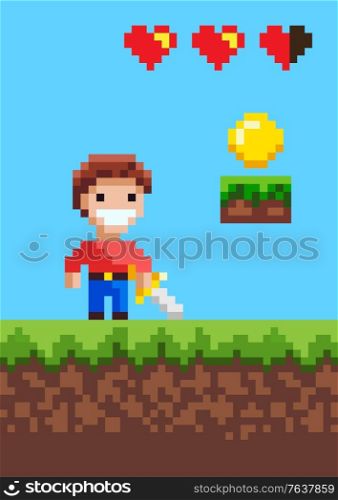Hero with sword smiling man pixel game vector, character in battle. Arcade with life scale in form of hearts, coin on ground gold money points score. Heroic Man Character of Pixel Game with Sword
