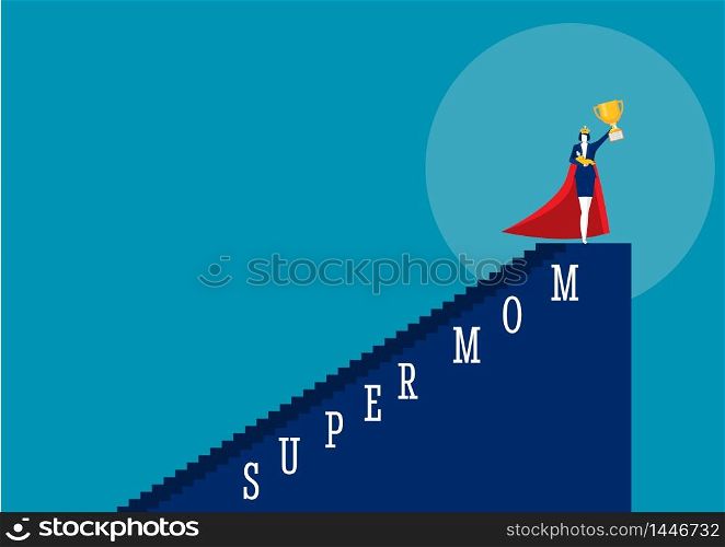 Hero woman mother doing office work and homework alone. super mom vector illustrator