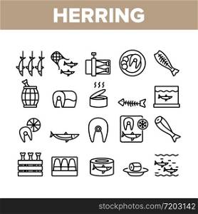 Herring Marine Fish Collection Icons Set Vector. Herring Sliced Piece And Fillet, Skeleton And Carcass, Cooked And Frozen, Package And Box Concept Linear Pictograms. Monochrome Contour Illustrations. Herring Marine Fish Collection Icons Set Vector