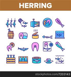 Herring Marine Fish Collection Icons Set Vector. Herring Sliced Piece And Fillet, Skeleton And Carcass, Cooked And Frozen, Package And Box Concept Linear Pictograms. Color Illustrations. Herring Marine Fish Collection Icons Set Vector