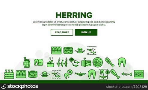 Herring Marine Fish Landing Web Page Header Banner Template Vector. Herring Sliced Piece And Fillet, Skeleton And Carcass, Cooked And Frozen, Package And Box Illustrations. Herring Marine Fish Landing Header Vector