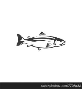 Herring or sea humpback, trout fish fishery mascot, freshwater animal isolated monochrome icon. Vector fish chum or pink salmon, sockeye seafood. Fishing sport trophy underwater animal with flippers. Chum, sockeye or pink salmon, isolated fish icon