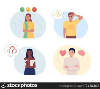 Hesitating people 2D vector isolated illustrations set. Doubtful flat characters on cartoon background. Difficult choice colourful scenes collection for mobile, website, presentation. Hesitating people 2D vector isolated illustrations set