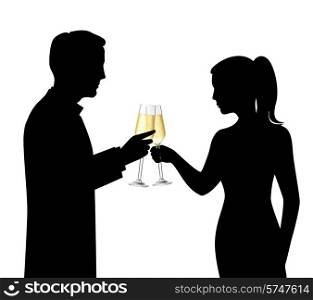 Heterosexual couple black silhouettes drinking champagne and talking celebration scene vector illustration