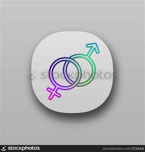 Heterosexuality app icon. Interlocked male and female signs. Woman and man. Gender symbols. Mars and venus. UI/UX user interface. Web or mobile application. Vector isolated illustration. Heterosexuality app icon