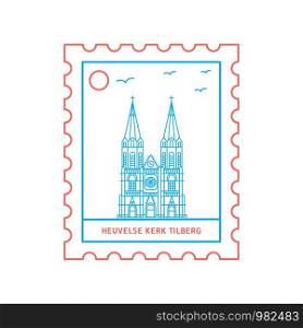 HEUVELSE KERK TILBERG postage stamp Blue and red Line Style, vector illustration