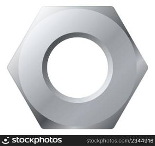 Hex nut. Top view of stainless steel fastener isolated on white background. Hex nut. Top view of stainless steel fastener
