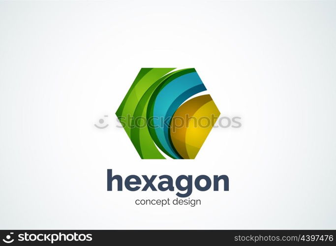 Hexagon logo template, cell concept - geometric minimal style, created with overlapping curve elements and waves. Corporate identity emblem, abstract business company branding element