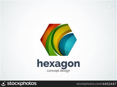 Hexagon logo template, cell concept - geometric minimal style, created with overlapping curve elements and waves. Corporate identity emblem, abstract business company branding element