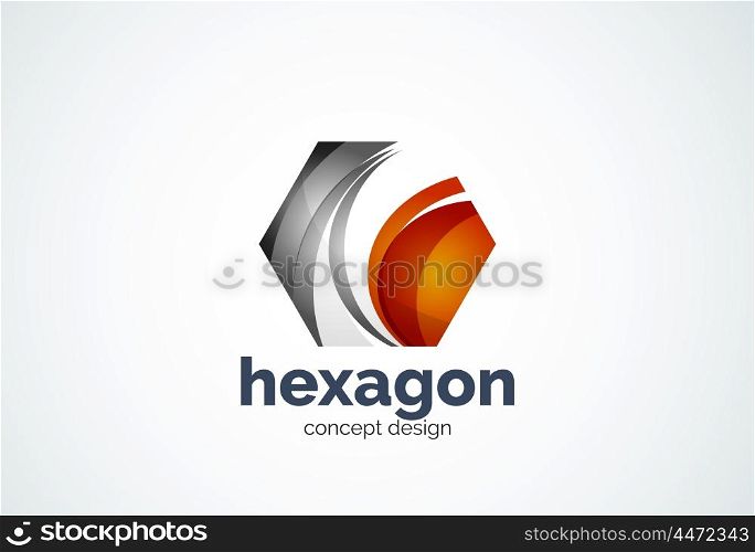 Hexagon logo template, cell concept - geometric minimal style, created with overlapping curve elements and waves. Corporate identity emblem, abstract business company branding element
