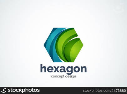 Hexagon logo template, cell concept - geometric minimal style, created with overlapping curve elements and waves. Corporate identity emblem, abstract business company branding element