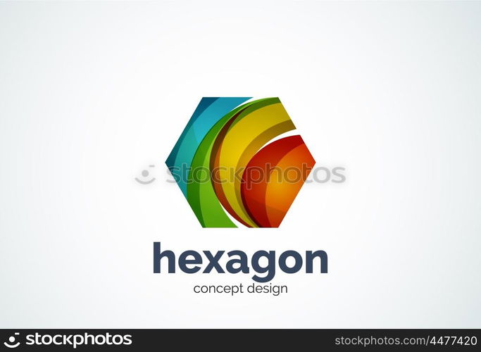 Hexagon logo template, cell concept - geometric minimal style, created with overlapping curve elements and waves. Corporate identity emblem, abstract business company branding element