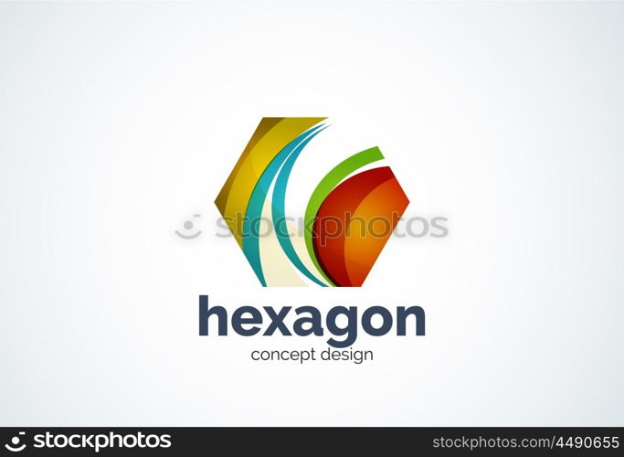 Hexagon logo template, cell concept - geometric minimal style, created with overlapping curve elements and waves. Corporate identity emblem, abstract business company branding element