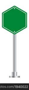 Hexagon road sign. Green highway blank billboard vector illustration.. Hexagon road sign. Green highway blank billboard.
