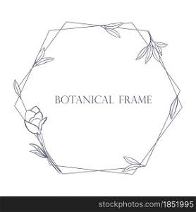 Hexagonal frame with leaves and flowers vector illustration. Simple botanical natural frame for cards and invitations. Hand drawing.. Hexagonal frame with leaves and flowers vector illustration.