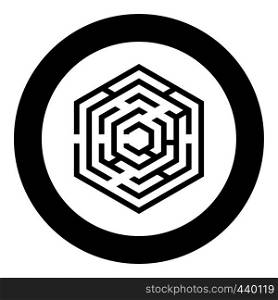 Hexagonal Maze Hexagon maze Labyrinth with six corner icon in circle round black color vector illustration flat style simple image. Hexagonal Maze Hexagon maze Labyrinth with six corner icon in circle round black color vector illustration flat style image