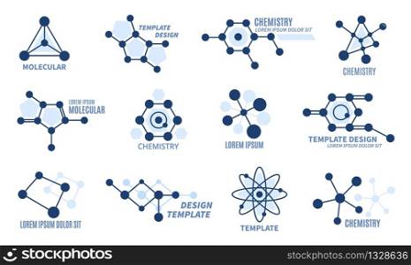 Hexagonal molecule badge. Molecular structure logo, macromolecule dna diagram, hexagon chemistry grids templates, vector research symbols set. Hexagonal molecule badge. Molecular structure logo, macromolecule dna diagram, hexagon chemistry grids templates, vector symbols set